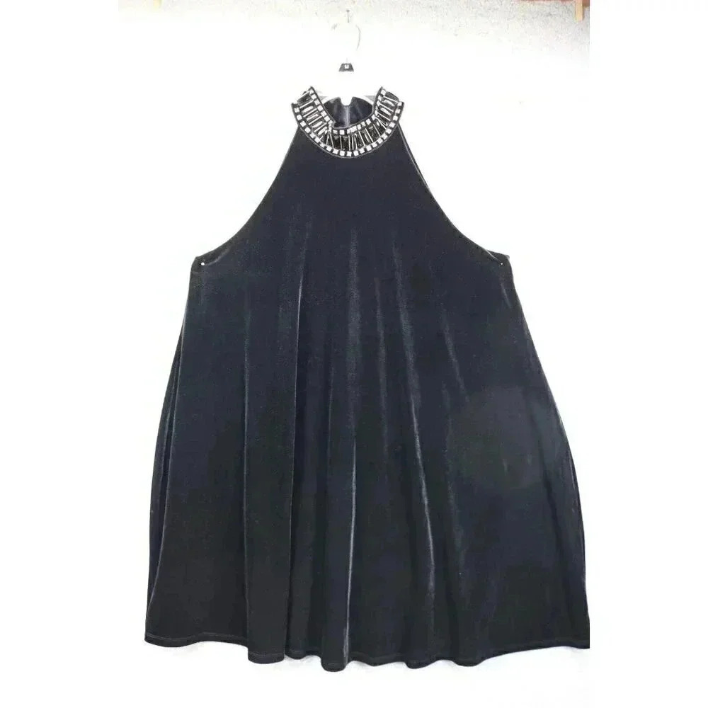 Kaari Blue Black Stretch Velvet Dress-Beaded-Mock Neck-Size XL-A Line